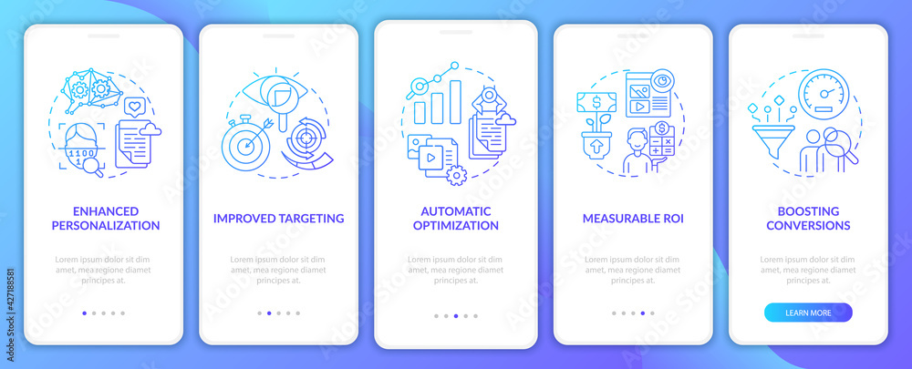 Smart content benefits navy onboarding mobile app page screen with concepts. Online business walkthrough 5 steps graphic instructions. UI, UX, GUI vector template with linear color illustrations