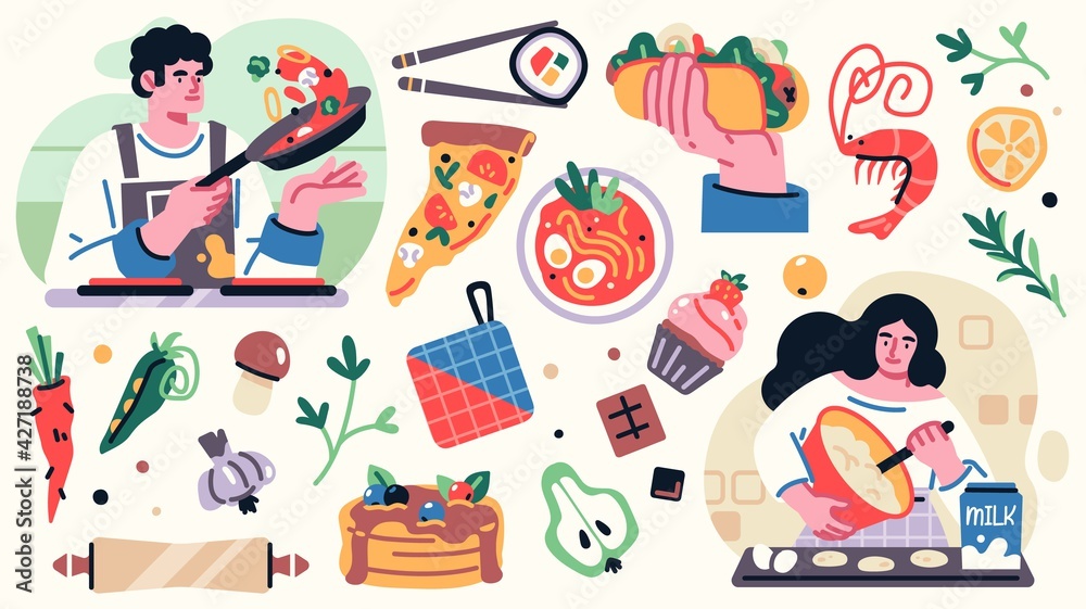 Set of illustrations related to cooking with yong man and woman on the kitchen, kitchenware, and decoration elements. Vector illustration Set of illustrations related to cooking with yong man and woman on the kitchen, kitchenware, and decoration elements. Vector illustration