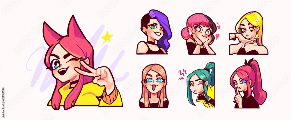 Set of streamer gamer girls expression stickers or badges. Vector illustration