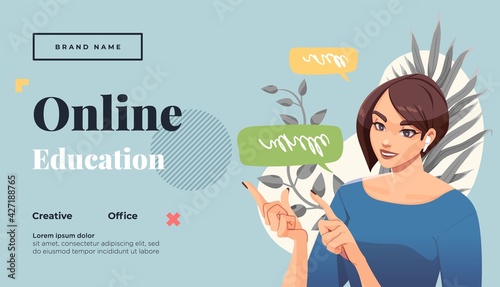 Landing page template for online courses, distance education, Internet studying, training. Yong female teacher having a lesson. Vector illustration