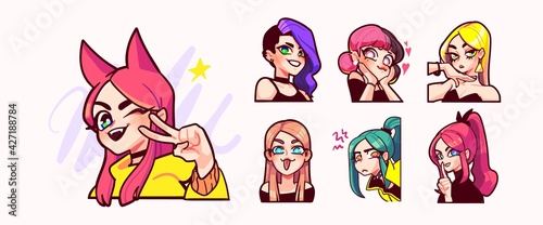 Set of streamer gamer girls expression stickers or badges. Vector illustration