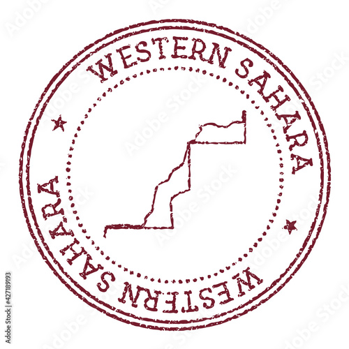 Western Sahara round rubber stamp with country map. Vintage red passport stamp with circular text and stars, vector illustration.