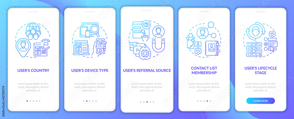 Smart rules criteria navy onboarding mobile app page screen with concepts. User information walkthrough 5 steps graphic instructions. UI, UX, GUI vector template with linear color illustrations
