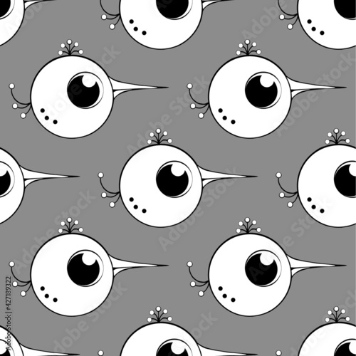 gray seamless pattern with white birds with big eyes. vector