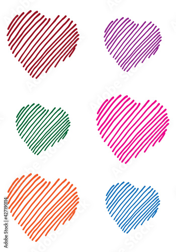 set of colorful heart on white background. striped heart with red, purple, green, pink, orange and blue colors. hand drawn vector. doodle art for logo, label, poster, clipart, sticker, banner,greeting