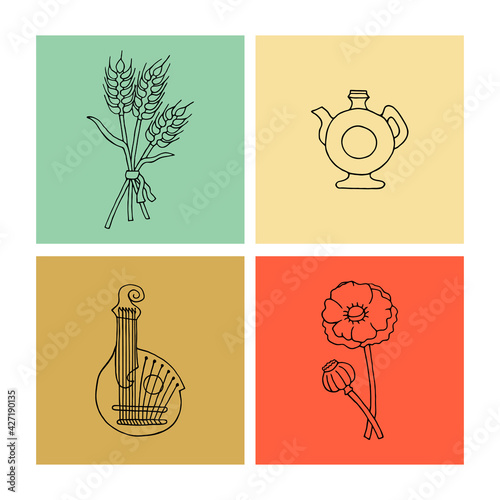 Set of vector elements on the Ukrainian theme in isolated squares.