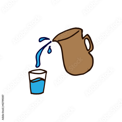 a glass of water with jug on white background. mineral water, healthy drink. hand drawn vector. pouring water icon. doodle art for logo, label, clipart, sticker, poster, banner, cover, branding. 