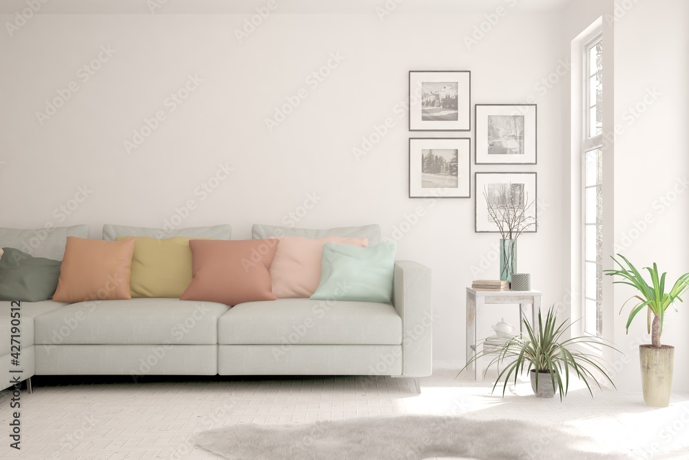 Fototapeta premium White living room with sofa. Scandinavian interior design. 3D illustration
