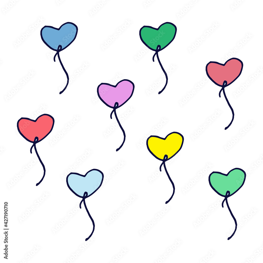 colorful shape of heart balloon on white background. cute balloon, blue, green, yellow, pink, purple and red color. hand drawn vector. doodle art for wallpaper, backdrop, wrapping paper, greeting.