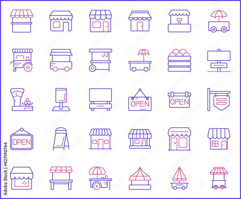 Set of vendor and store Icons line style. Contains such Icons as shop, sign board, shopping, street food, vendor booth, food cart, market And Other Elements. customize color, easy resize. Set of vendor and store Icons line style. Contains such Icons as shop, sign board, shopping, street food, vendor booth, food cart, market And Other Elements. customize color, easy resize.