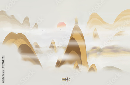 Hand painted Chinese style golden Abstract landscape painting photo