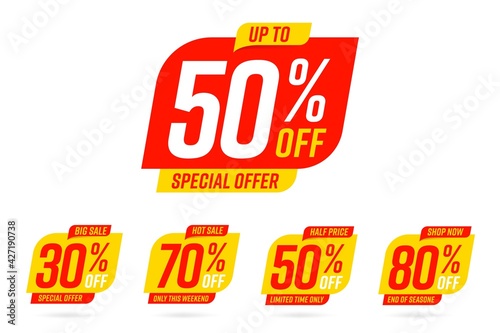 Special offer, big hot sale, half price, shop now promo tag. Only this weekend, limited time only up to 50, 30, 70, 80 percent off special offer for end of season vector illustration isolated on white