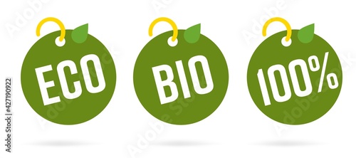 100 percent bio eco organic food product drink round tag set. Green quality guarantee purity original ecofriendly healthy eating certificate label vector illustration isolated on white background