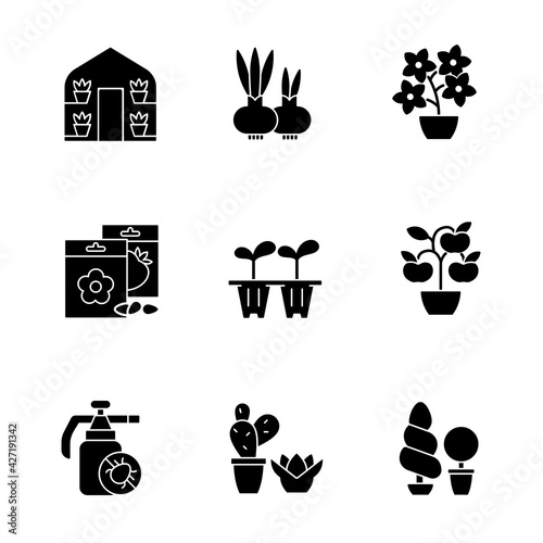 Gardening store categories black glyph icons set on white space. Flower pots and flower beds. Seedling trays for growing flowers at home. Silhouette symbols. Vector isolated illustration