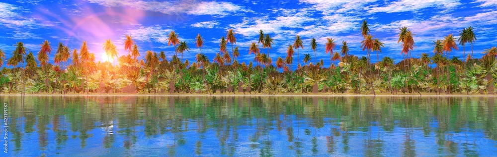 Panorama of the coast with palm trees at sunset, palm trees in a row above the water, 3D rendering