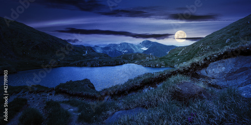 summer landscape with lake on high altitude at night. beautiful scenery of fagaras mountain ridge in summer. open view in to the distant peak beneath a fluffy clouds in full moon light © Pellinni