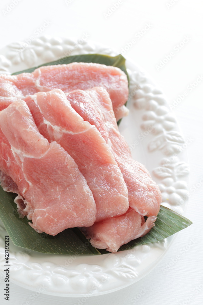 freshness pork slices on leaf for prepared ingredient