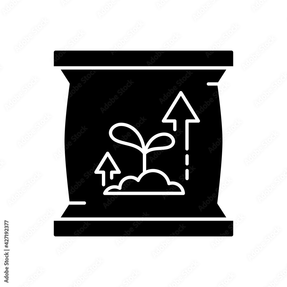 Fertilizers black glyph icon. Natural or synthetic origin that is applied to soil or to plant tissues to supply plant nutrients. Silhouette symbol on white space. Vector isolated illustration Fertilizers black glyph icon. Natural or synthetic origin that is applied to soil or to plant tissues to supply plant nutrients. Silhouette symbol on white space. Vector isolated illustration