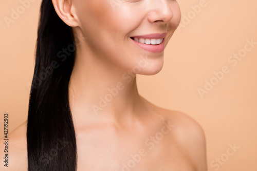 Cropped photo of optimistic brunette hairdo lady lips neck without clothes isolated on pastel beige color background