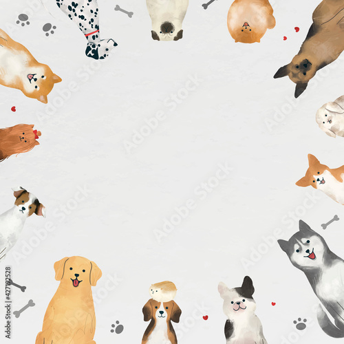 Frame with cute pets watercolor drawing on white background