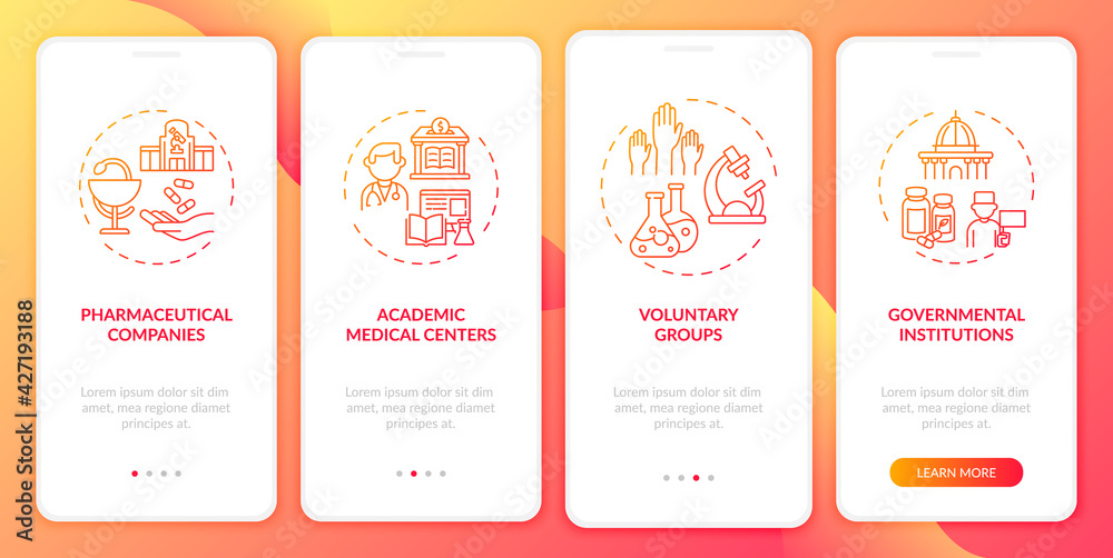 Clinical trials funding onboarding mobile app page screen with concepts. Academic med centers walkthrough 4 steps graphic instructions. UI, UX, GUI vector template with linear color illustrations