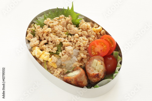 Japanese style minced chicken and potato pork roll packed lunch