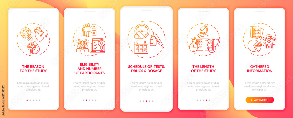 Clinical trial data elements onboarding mobile app page screen with concepts. Eligibility, dosage walkthrough 5 steps graphic instructions. UI, UX, GUI vector template with linear color illustrations
