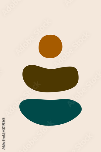 Meditation flat. Poster with ovale stones minimalist style overlay. Vector illustration. Abstract shape rocks background. Stacked pebbles color drawing. Cool print tshirt design. Balance zen concept.