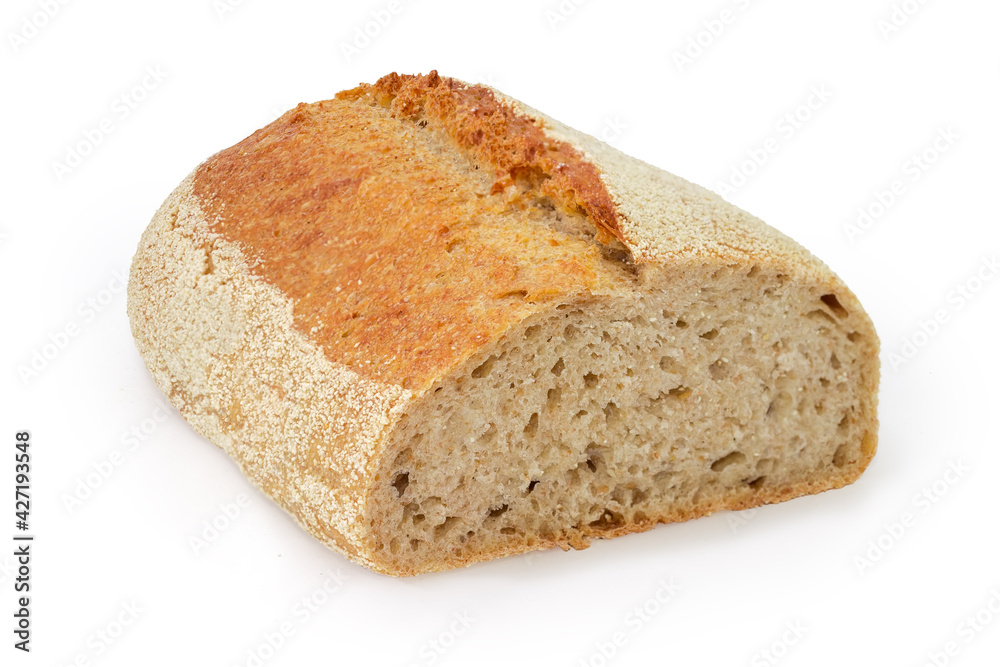 Half of wheat unleavened bread with bran on white background