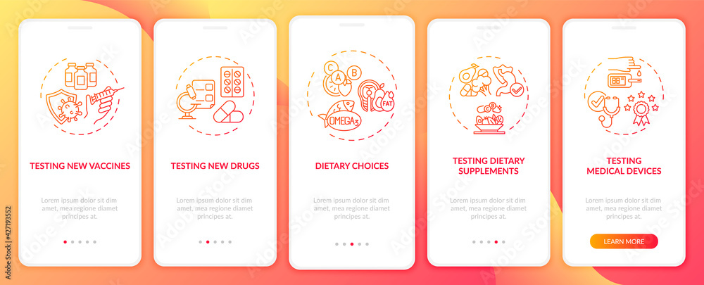 Naklejka premium Clinical investigation onboarding mobile app page screen with concepts. New drugs, diet testing walkthrough 5 steps graphic instructions. UI, UX, GUI vector template with linear color illustrations