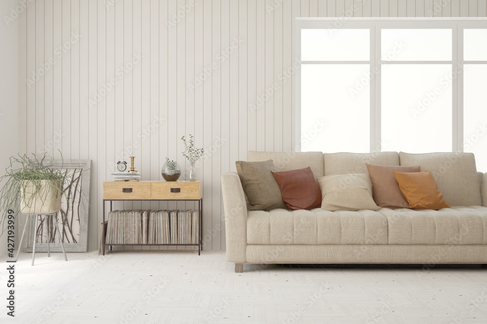 Fototapeta premium White living room with sofa. Scandinavian interior design. 3D illustration
