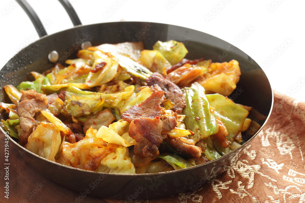 Chinese food, homemade cabbage and pork stir fried