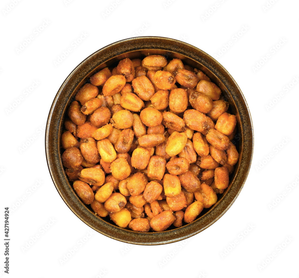 Pile of toasted salted corn in a bowl on a white background. Salted roasted corn with chili pepper. Pile of toasted salted corn in a bowl on a white background. Salted roasted corn with chili pepper.
