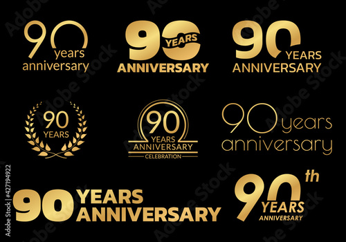 90 years anniversary icon or logo set. 90th birthday celebration golden badge or label for invitation card, jubilee design. Vector illustration. photo