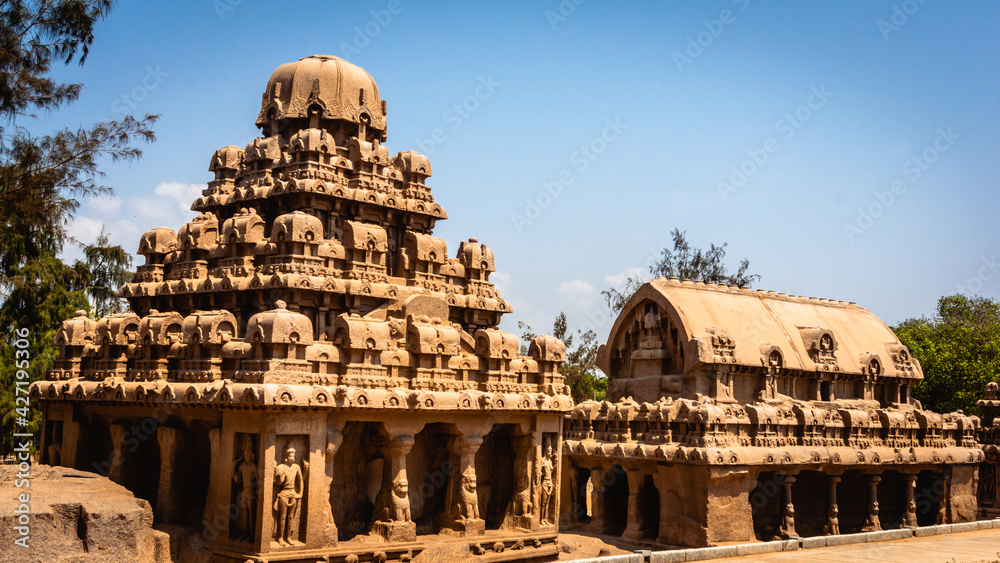 Exclusive Monolithic - Five Rathas are UNESCO's World Heritage Site located at Great South Indian architecture, Tamil Nadu, Mamallapuram, or Mahabalipuram