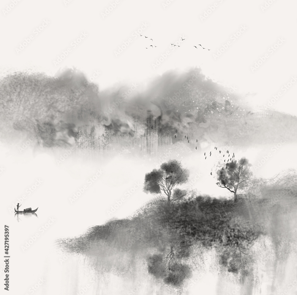 Hand painted Chinese style landscape painting Hand painted Chinese style landscape painting