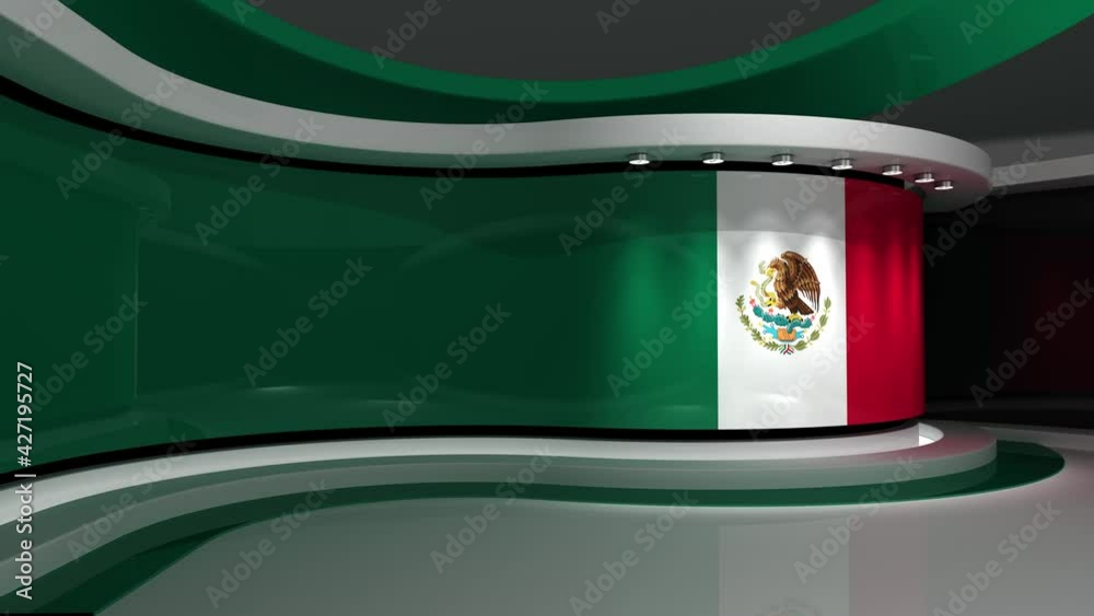 Mexico. Mexican flag. TV studio. News studio.  Loop animation. Background for any green screen or chroma key video production. 3d render. 3d 