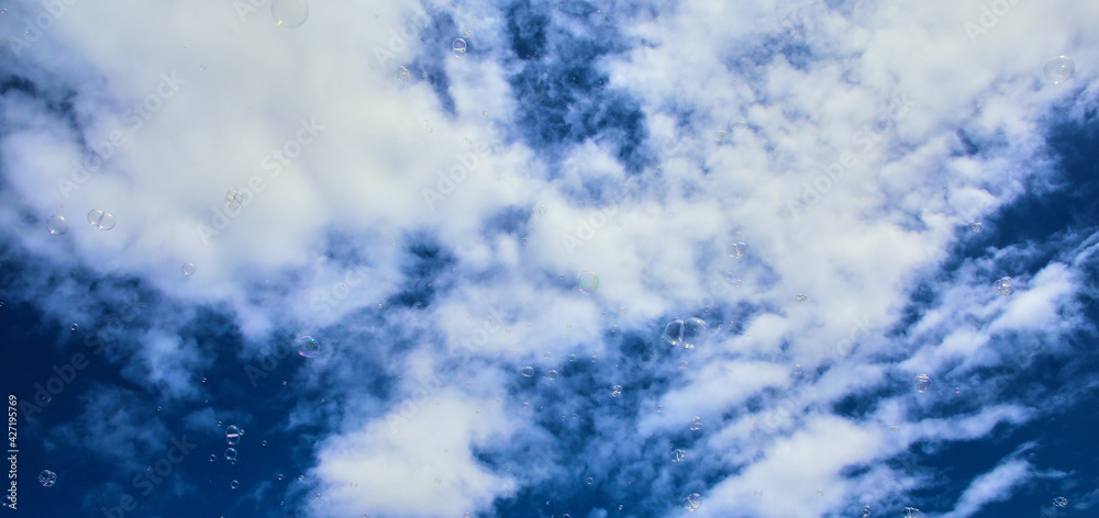 Fototapeta premium Colorful Soap Bubbles Against Blue Sky Background