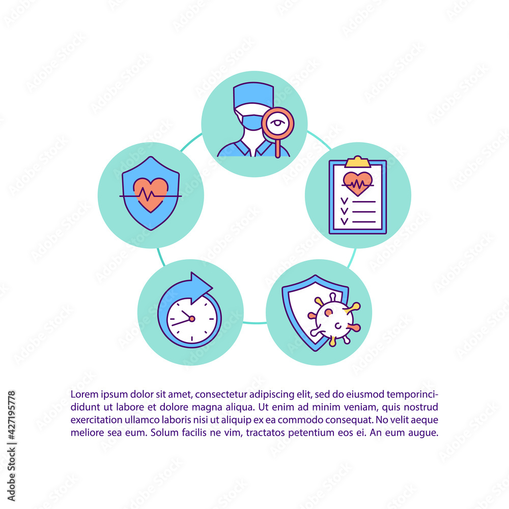 Drug performance check concept line icons with text. PPT page vector template with copy space. Brochure, magazine, newsletter design element. Analyzing term, side effects linear illustrations on white