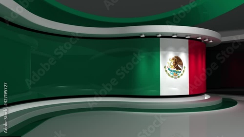 Mexico. Mexican flag. TV studio. News studio.  Loop animation. Background for any green screen or chroma key video production. 3d render. 3d 