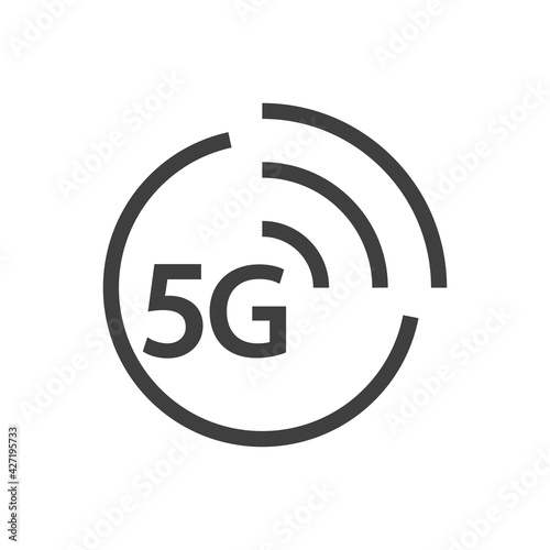 Logotipo de red inalámbrica o wifi de alta velocidad. Texto 5G en círculo con olas con lineas de color gris