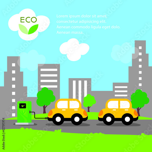 Eco friendly fuel concept. Electric car charging station. EV recharging point or EVSE.