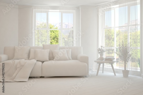 White living room with sofa and summer landscape in window. Scandinavian interior design. 3D illustration