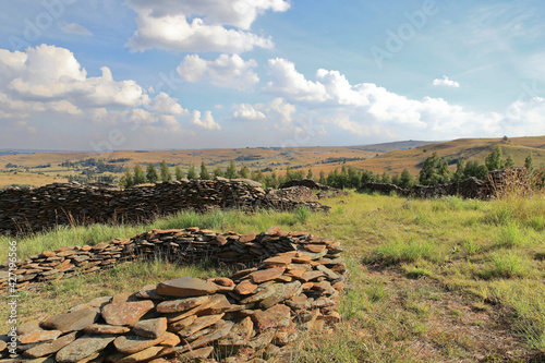 ancient stacked stone wall ruins in the hills of Machadodorp, South Africa