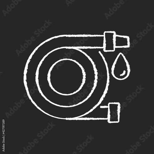 Fire hose chalk white icon on black background. Equipment for putting out flames. Water supply for extinguishing. Firefighters rescue. Fire safety regulation. Isolated vector chalkboard illustration