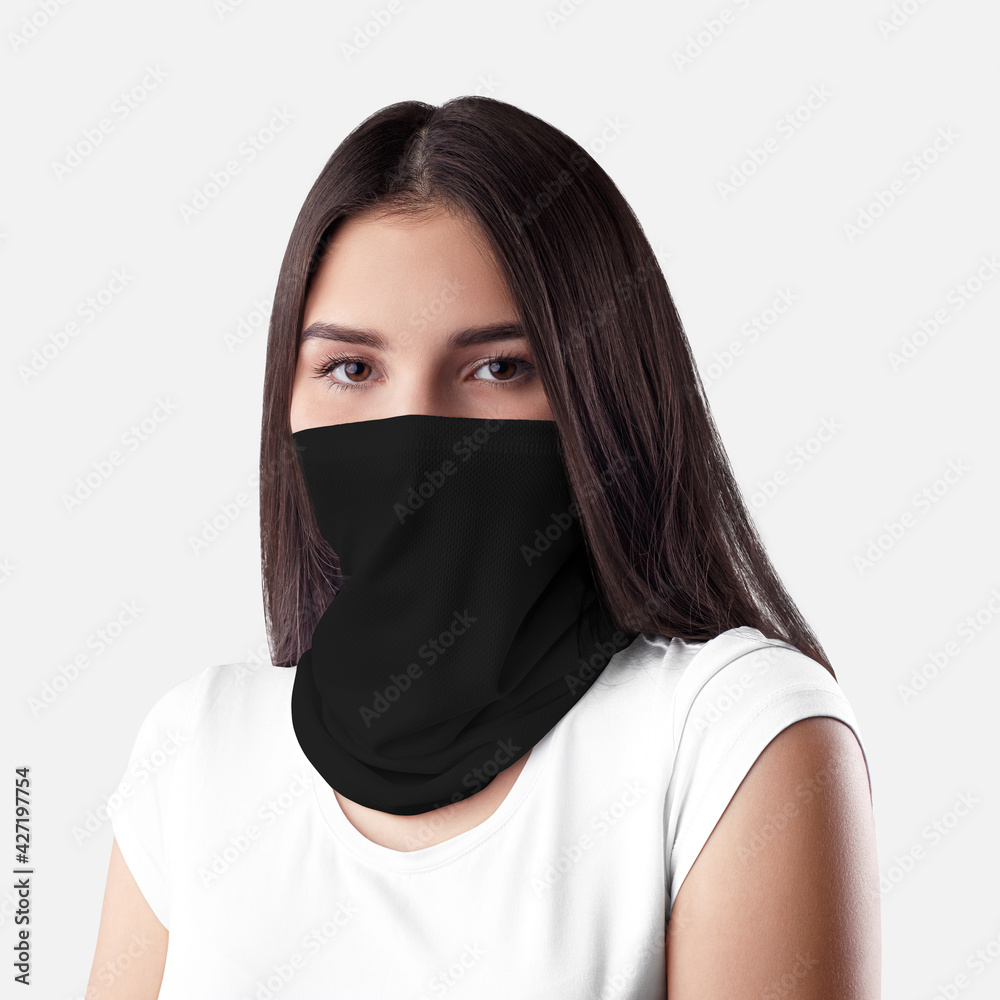 Black buff mockup on dark haired girl Black buff mockup on dark haired girl