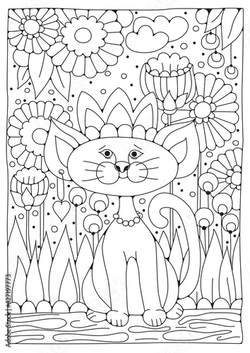 Coloring page for children and adults. A cute cat is sitting in the garden with flowers. Vector illustration for coloring. Black-white ornament. Art line. Art therapy.