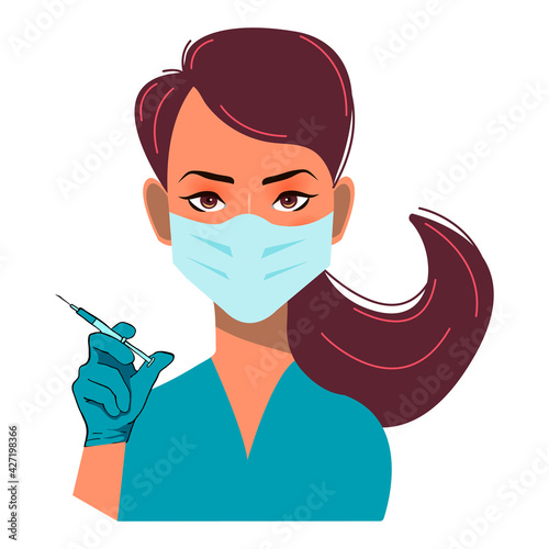 Vaccination, nurse with syringe, vaccine, injection, masked woman, paramedic, pandemic prevention, doctor, disease treatment. Hand in a glove. Stock vector illustration isolated on white background. 