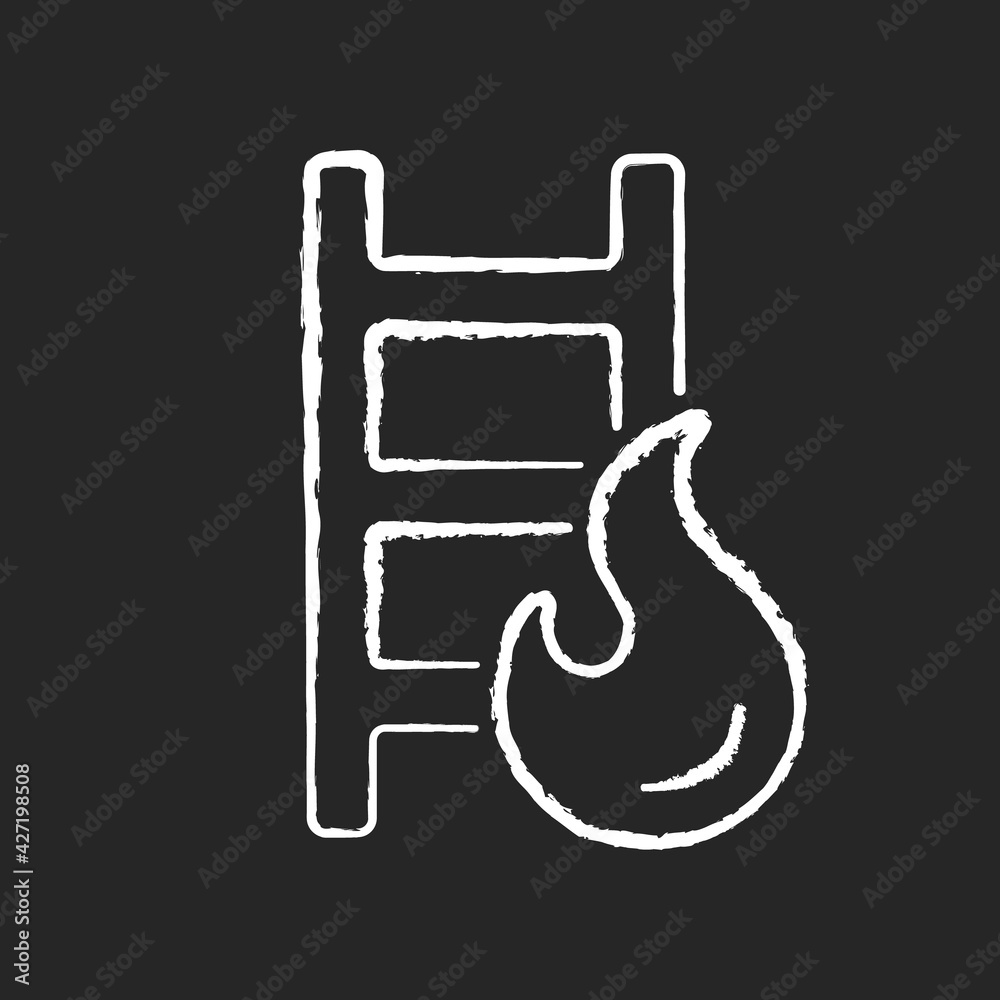 Fire escape ladder chalk white icon on black background. Stairs in building for urgent evacuation. Fire safety regulation, emergency guidance. Isolated vector chalkboard illustration Fire escape ladder chalk white icon on black background. Stairs in building for urgent evacuation. Fire safety regulation, emergency guidance. Isolated vector chalkboard illustration