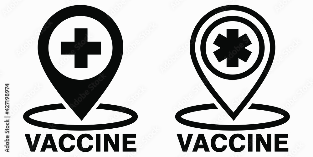 Fototapeta premium Vaccine and location icon. Syringe sign. The location of the hospital. Vector icon.